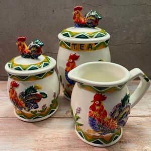 KK Vintage Rooster Canister Cream Pitcher Set Of 3 Embossed Colorful 5pc Total